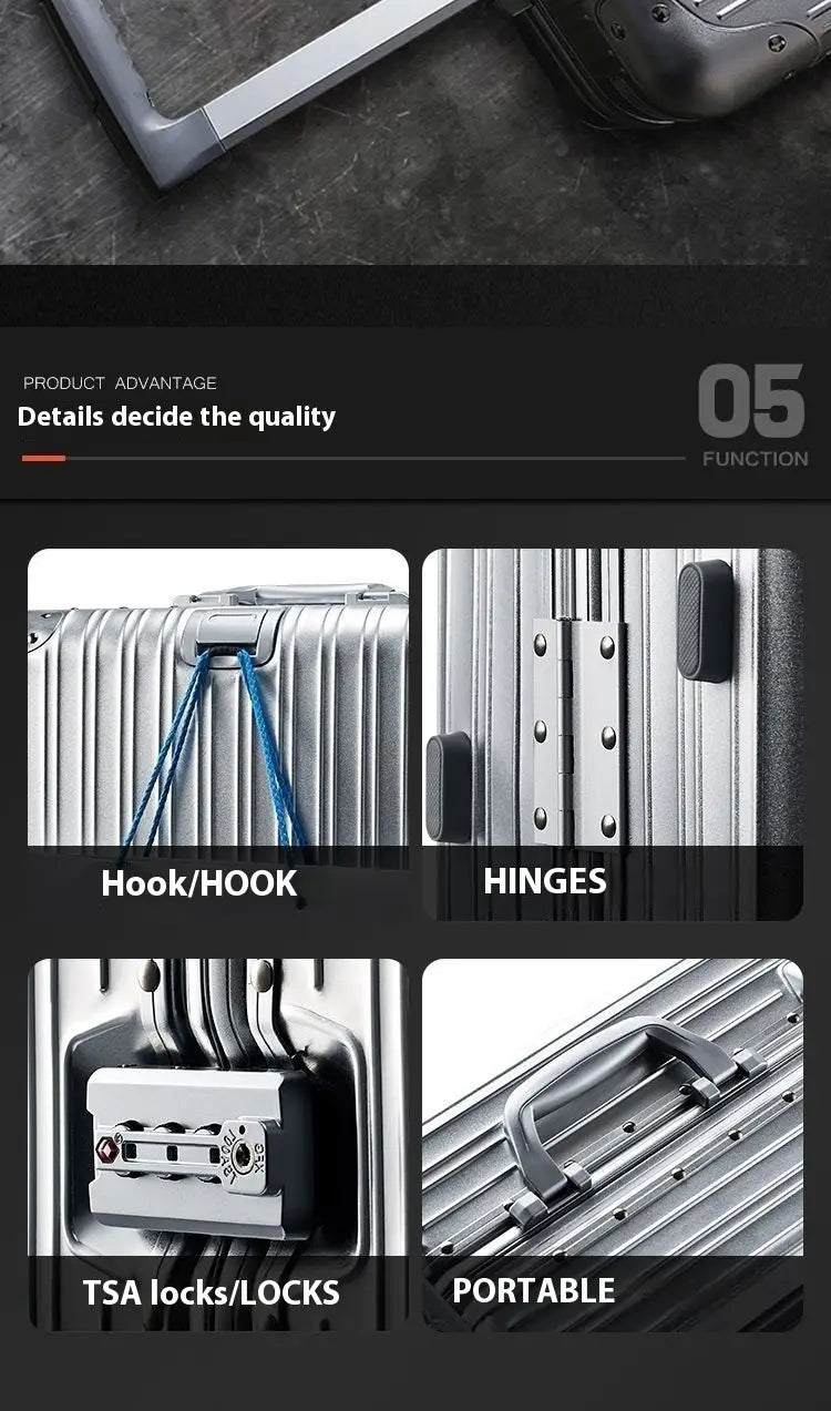 Silver aluminum magnesium luggage hardshell spinner suitcase with ribbed texture reinforced hinges and TSA approved lock.