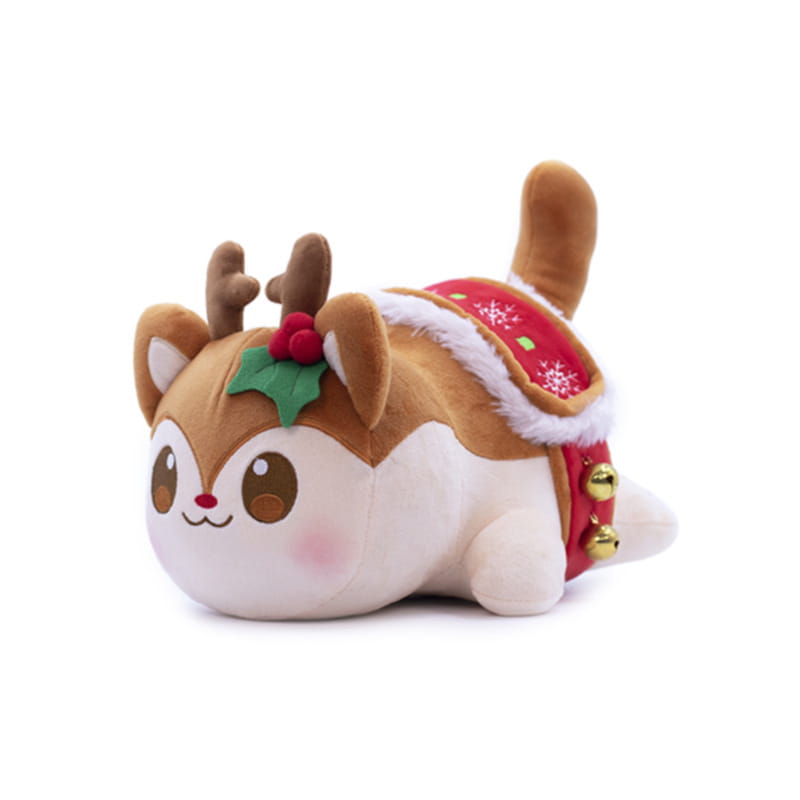 Cute brown and white plush reindeer with antlers wearing a red holiday sweater adorned with snowflakes and gold bells cat plush stuffed animal toy for kids 25cm.
