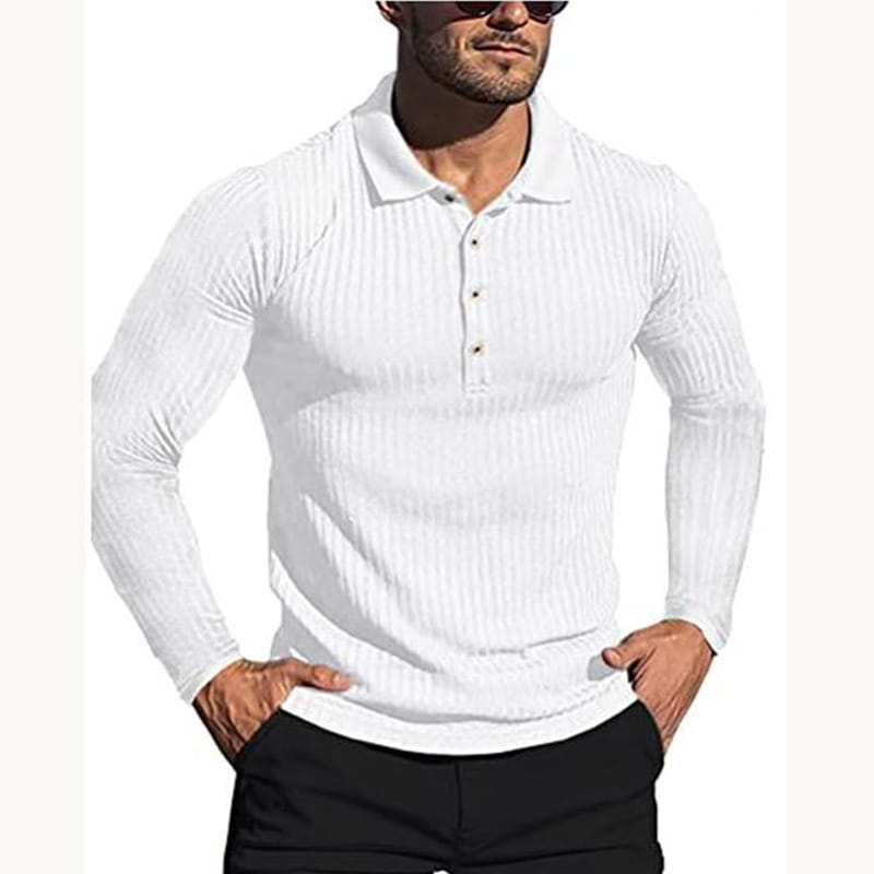 White men’s slim fit polo shirt with long sleeves, vertical ribbed knit texture, and classic collar made from a soft stretchy fabric