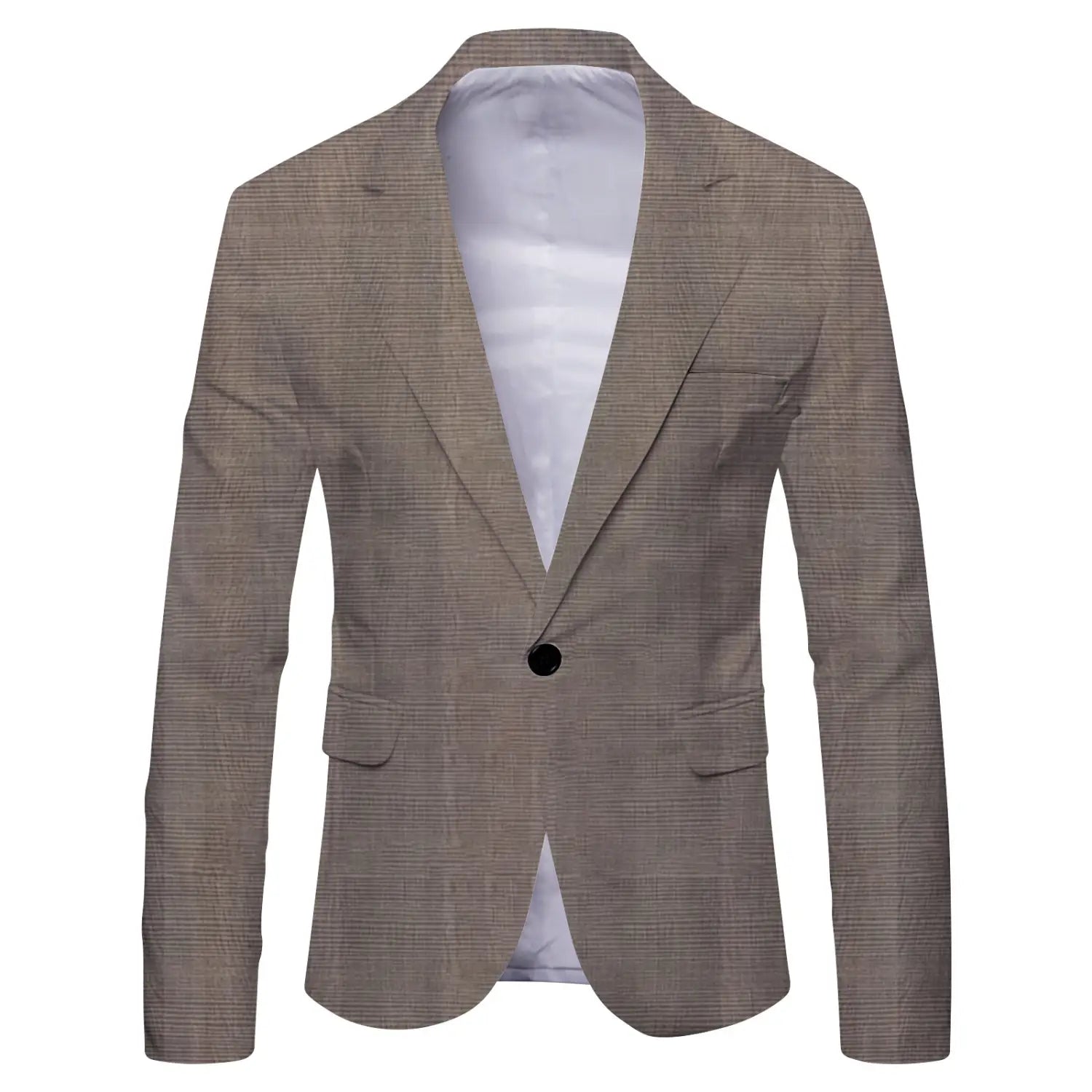 Beige mens slim fit casual blazer with subtle herringbone pattern and black button in British style suit design.