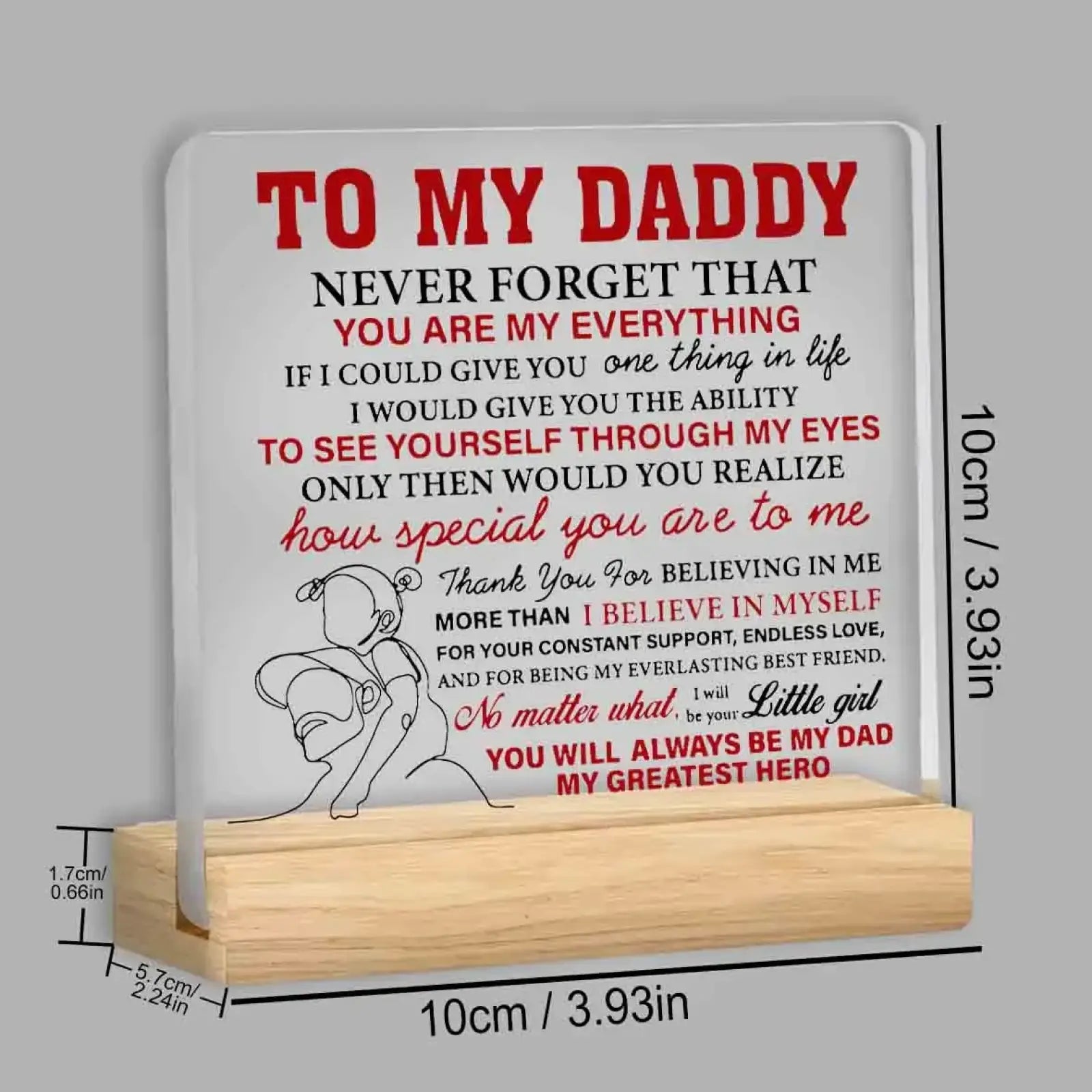 White rectangular acrylic desk sign with red and black text and child hugging adult illustration on light wood stand