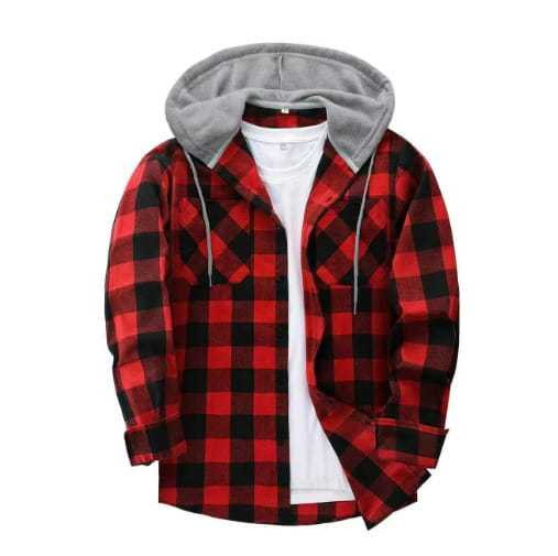 Men’s plaid hooded flannel shirt in red and black with a gray fleece-lined hood.