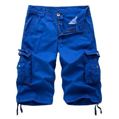 Bermudas cargo en coton bleu vif pour hommes avec plusieurs poches et des poignets à cordon de serrage pour un ajustement de bas réglable.