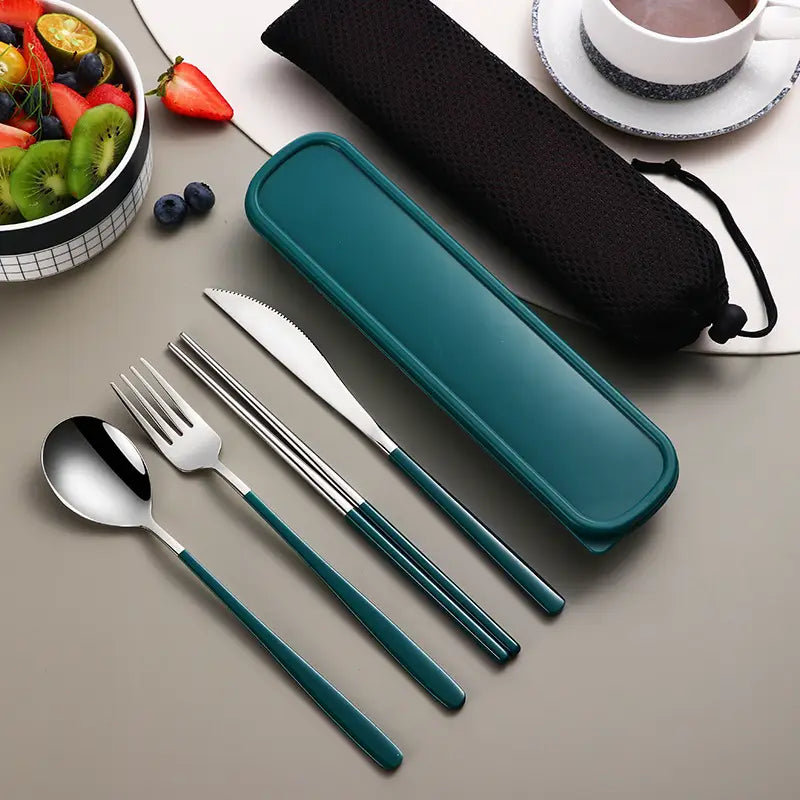 Teal-colored stainless steel portable cutlery set with matching rectangular case and black drawstring pouch.
