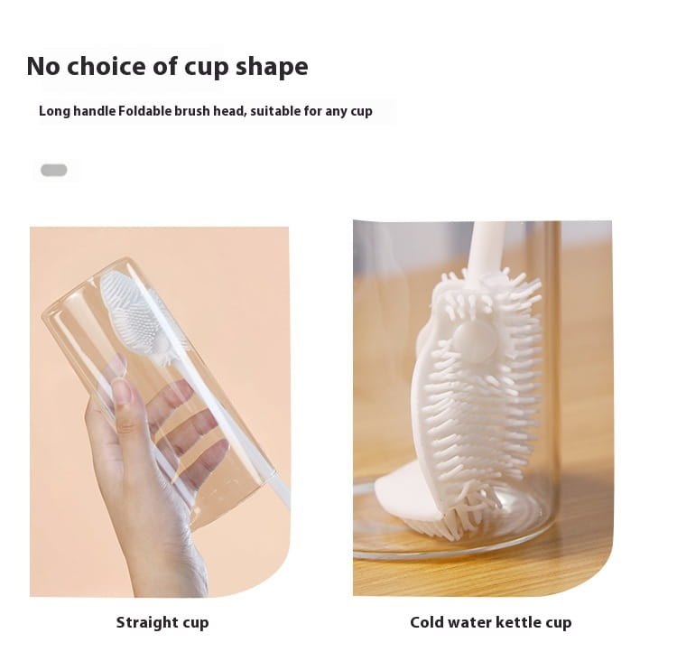 White long-handled cup brush with a foldable bristle head designed for cleaning any type of cup in glassware cleaning tool.