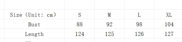 The ruffled sleeveless flowing maxi vacation dress size chart shows bust and length measurements in centimeters for sizes s through xl.