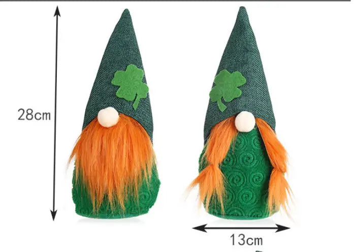 grüner Filz St.-Patrick’s-Day Leprechaun-Gnome-Plüschpuppen mit orangefarbenen Garnbärten und Kleeblatt-Applikationen auf spitzen Hüten