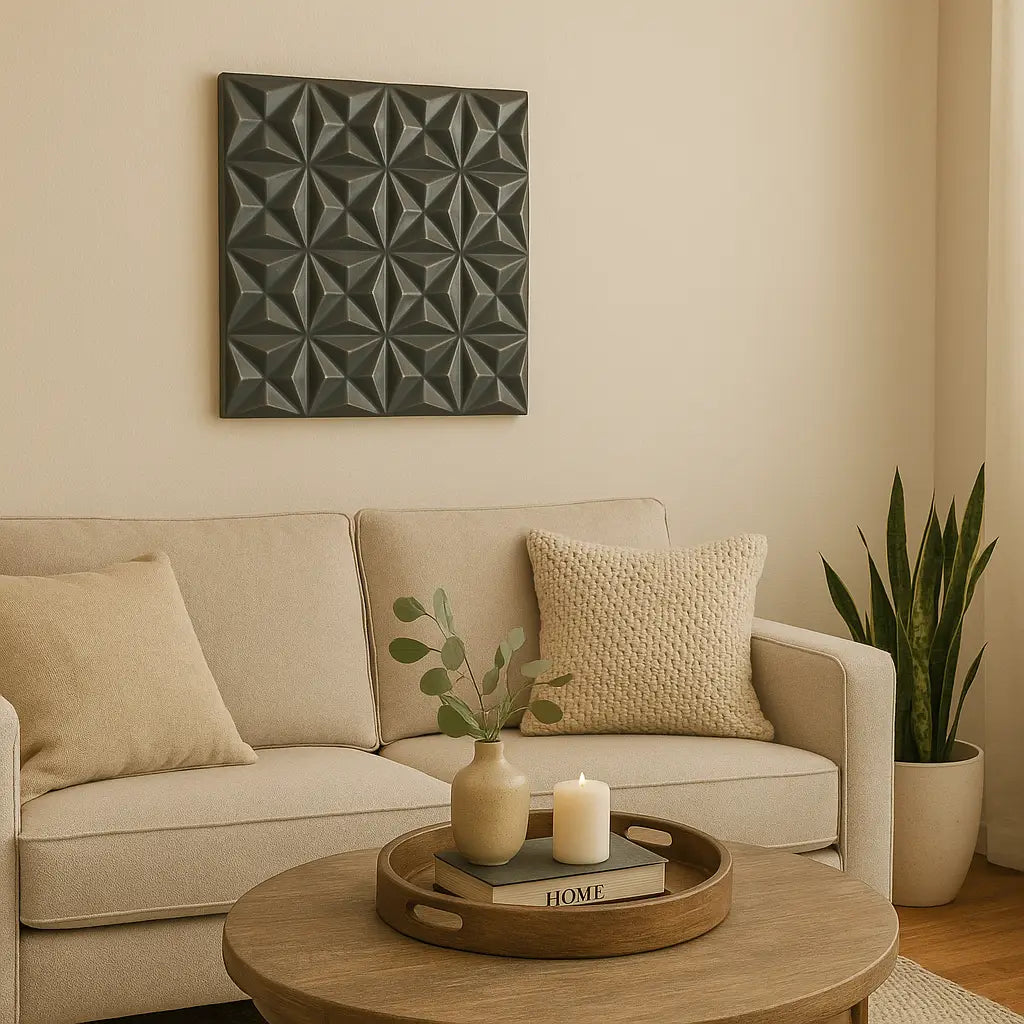 Decoración mural de MDF geométrica gris oscuro con un patrón tridimensional en forma de destello de estrella en relieve en un panel negro de 16x16.