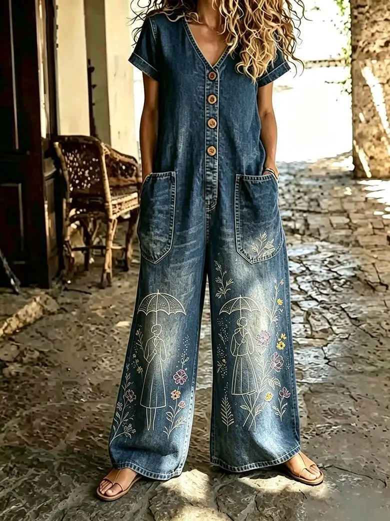 Blauer Denim-Jumpsuit mit bestickten floralen und Regenschirm-Designs an den Beinen, mit weitem Bein und kurzen Ärmeln.