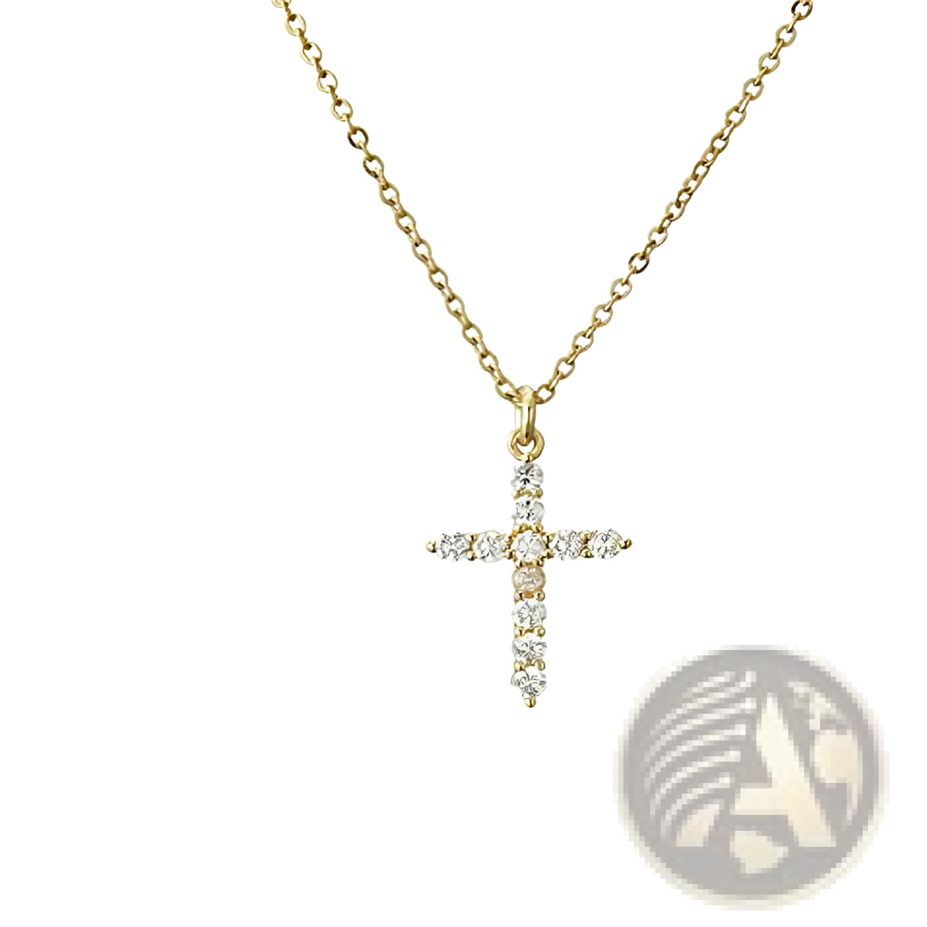 Dainty 14k gold plated sideways cross necklace with clear cubic zirconia stones on a matching gold chain