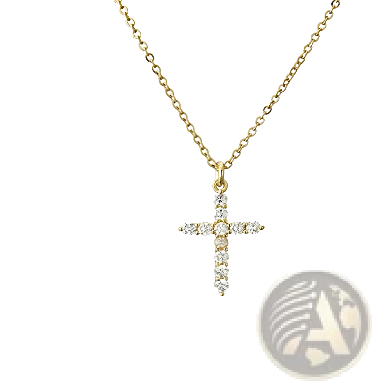 Dainty 14k gold plated sideways cross necklace with clear cubic zirconia stones on a matching gold chain