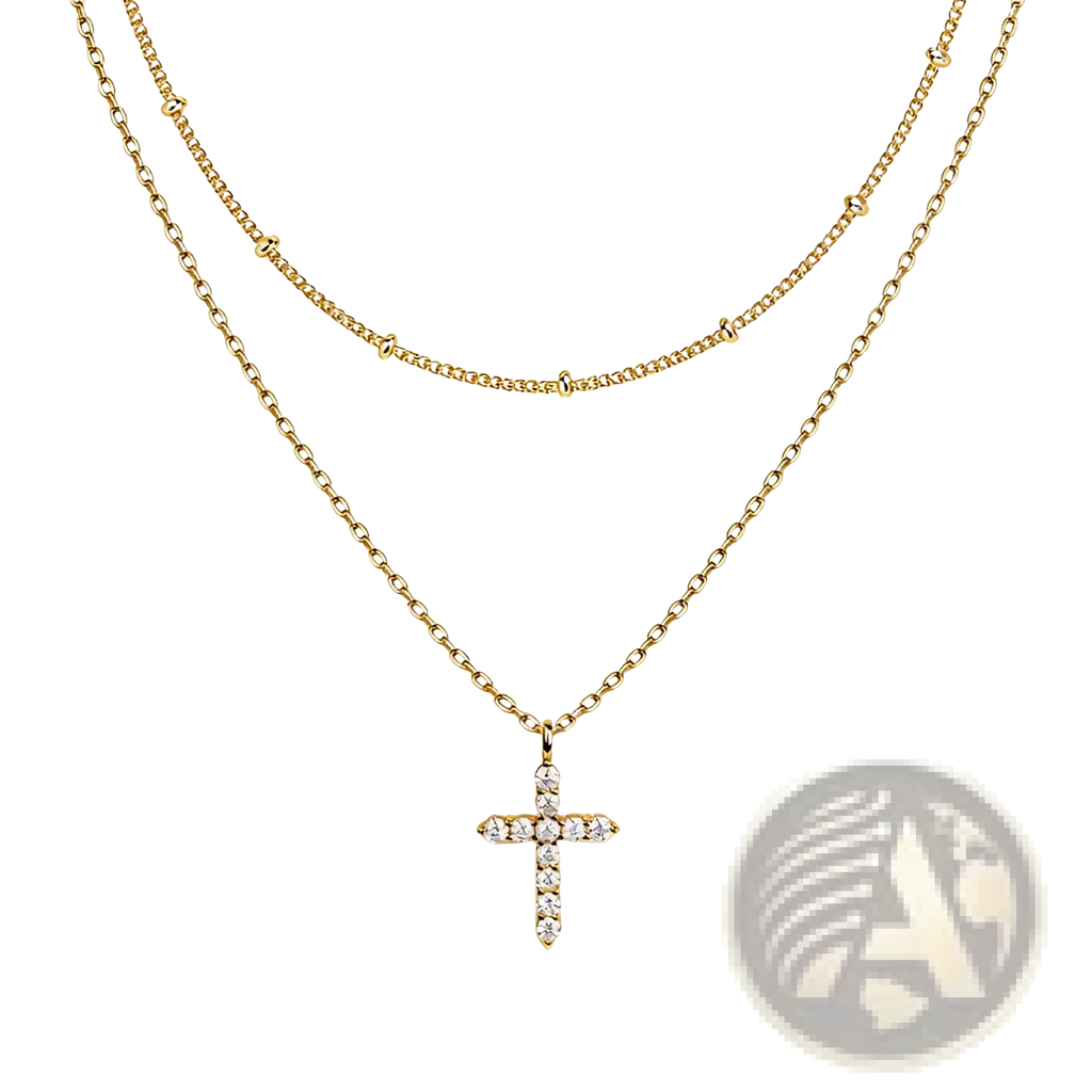 Dainty 14k gold plated layered necklace with a delicate chain and a sparkling sideways cubic zirconia cross pendant