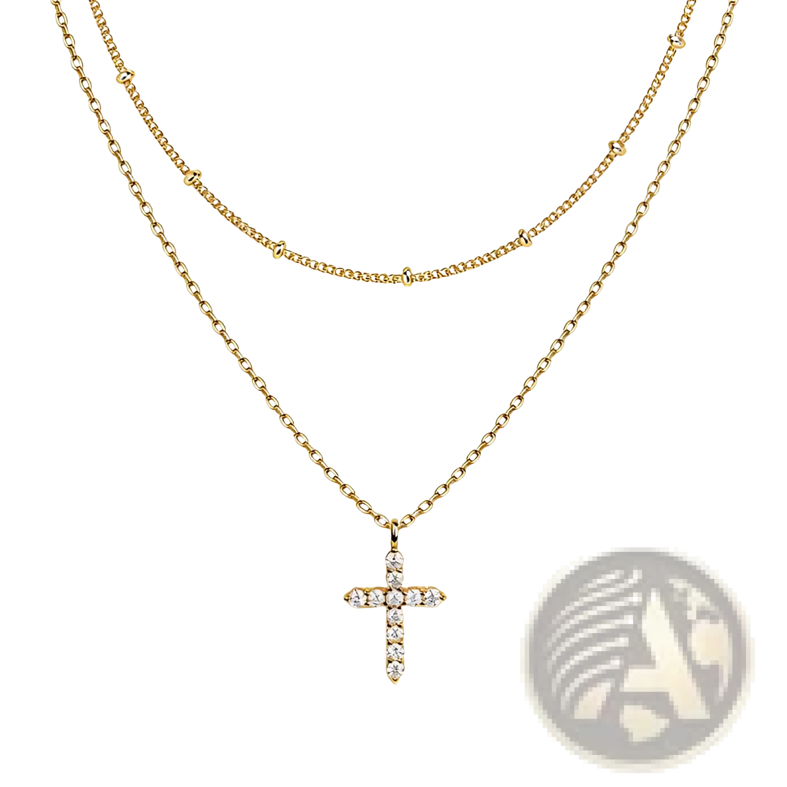 Dainty 14k gold plated layered necklace with a delicate chain and a sparkling sideways cubic zirconia cross pendant
