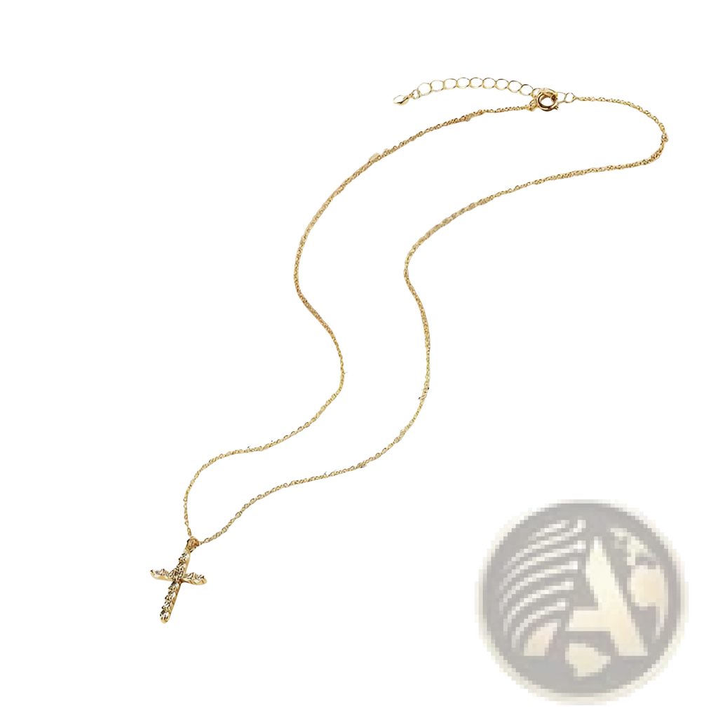 Dainty 14k gold plated gold chain necklace with a sideways cross pendant adorned with clear cubic zirconia stones
