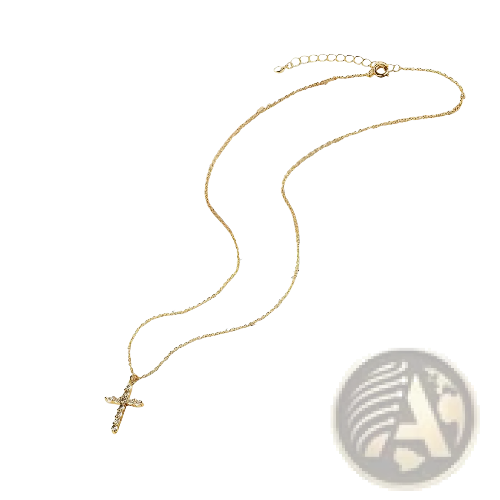 Dainty 14k gold plated gold chain necklace with a sideways cross pendant adorned with clear cubic zirconia stones