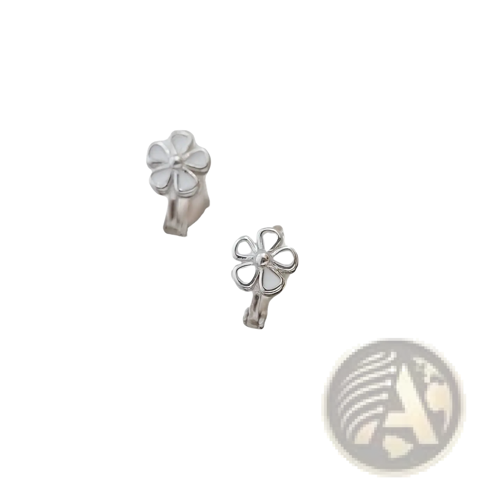 Silver daisy enamel flower clip-on earrings with white enamel petals and polished metallic finish