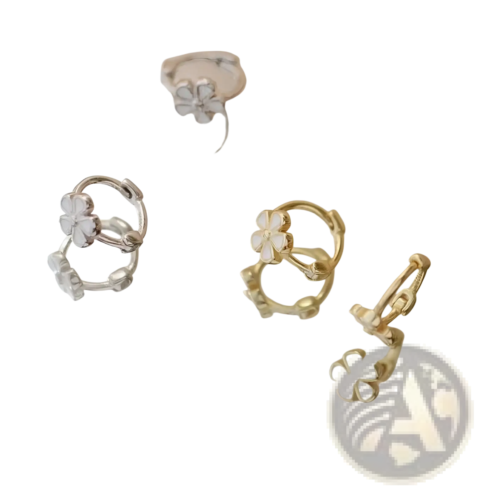 Silver and gold-toned daisy enamel flower clip on and stud earrings with delicate four-petal white enamel centers