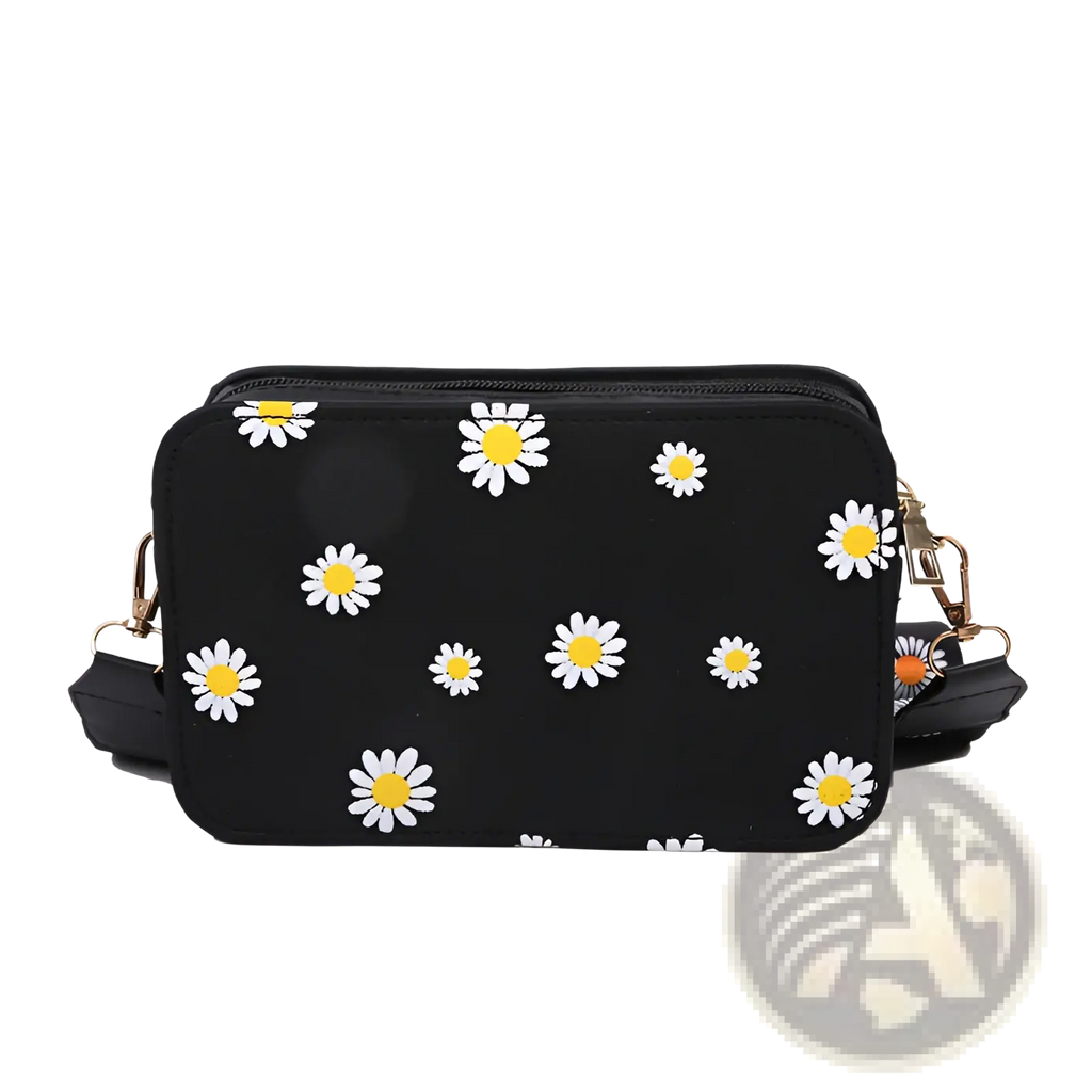 Black pu leather daisy flower crossbody bag with gold-tone chain strap zipper and white flowers with yellow centers