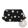Black pu leather daisy flower crossbody bag with gold-tone chain strap zipper and white flowers with yellow centers