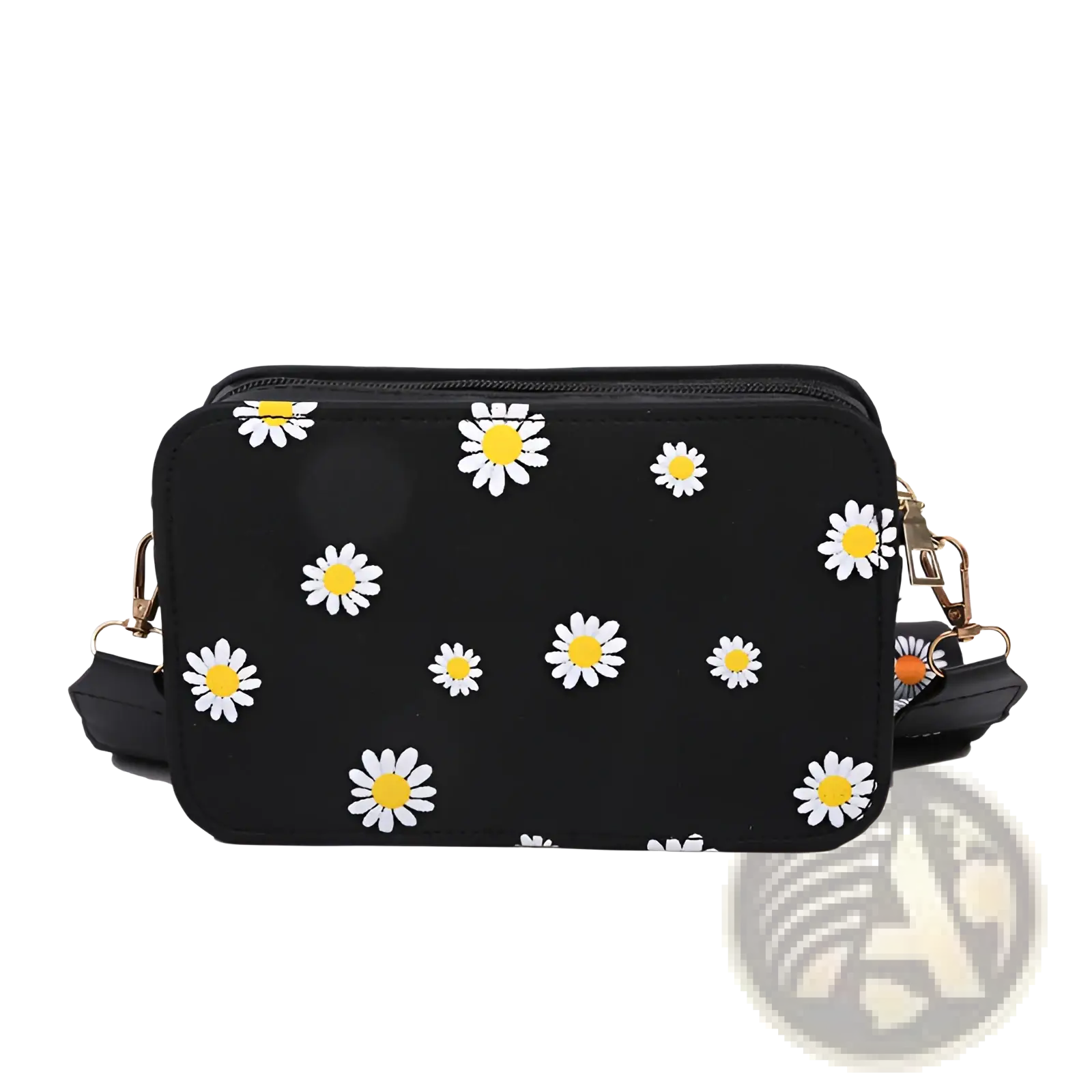 Black pu leather daisy flower crossbody bag with gold-tone chain strap zipper and white flowers with yellow centers