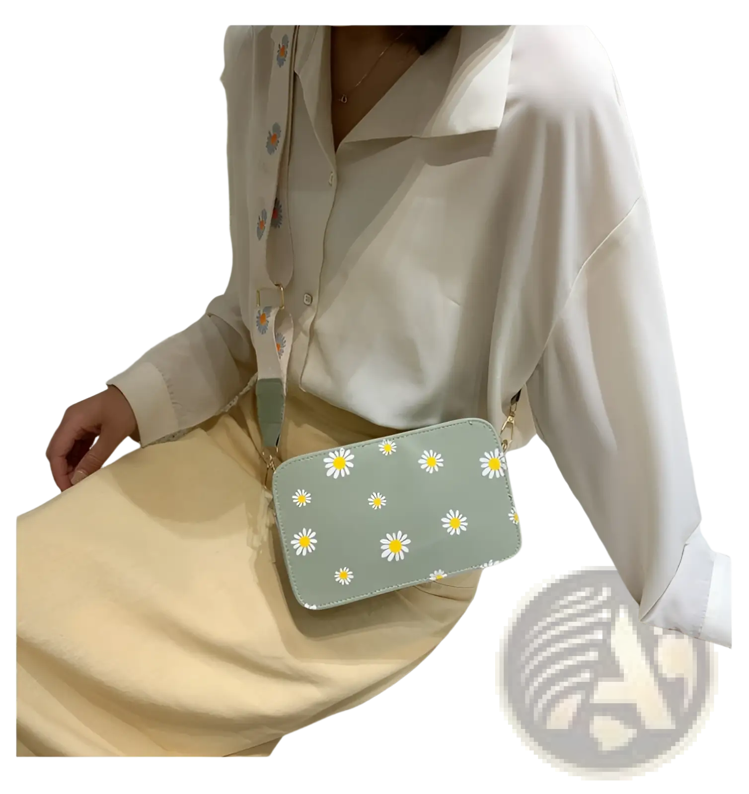 A light green pu leather crossbody bag with a white daisy pattern and a chain strap for stylish use