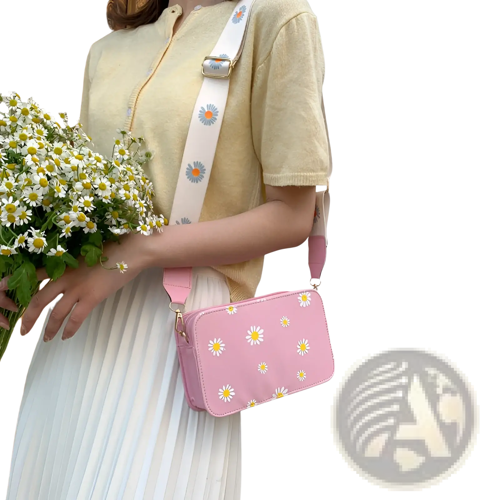 Pink rectangular pu leather daisy flower crossbody bag with white daisy prints and a blue and orange floral strap