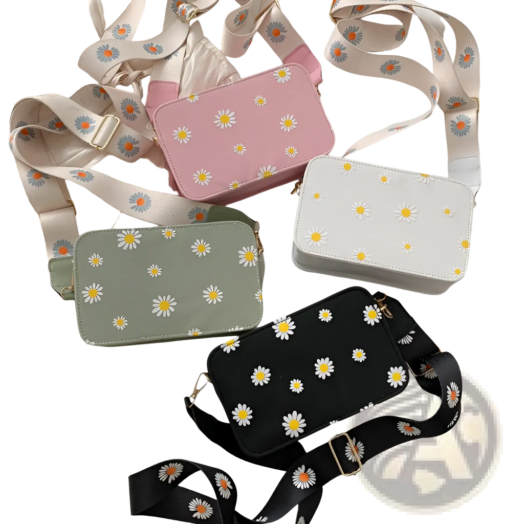 A collection of pastel pink white sage green and black daisy flower crossbody bags with chain strap pu leather