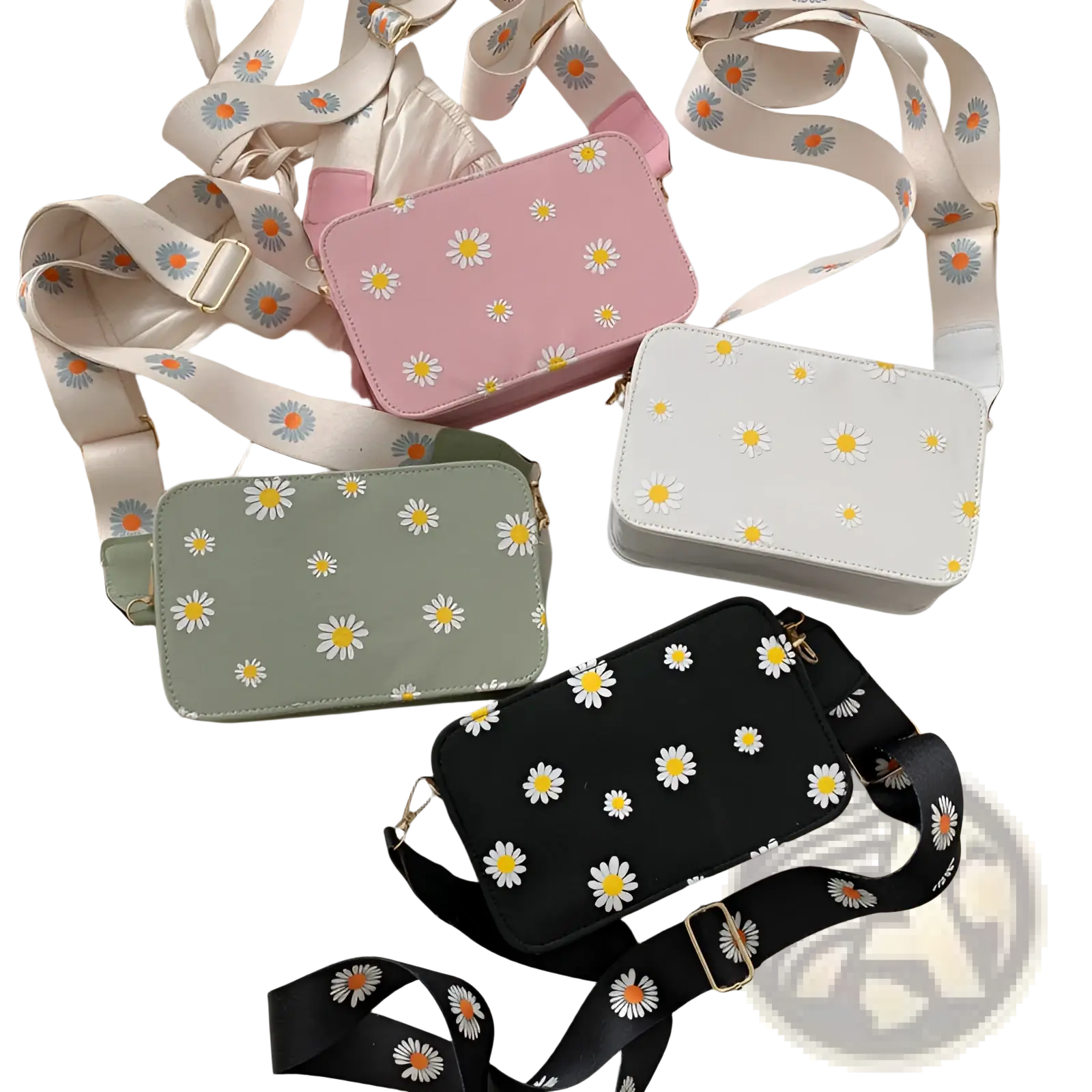 A collection of pastel pink white sage green and black daisy flower crossbody bags with chain strap pu leather