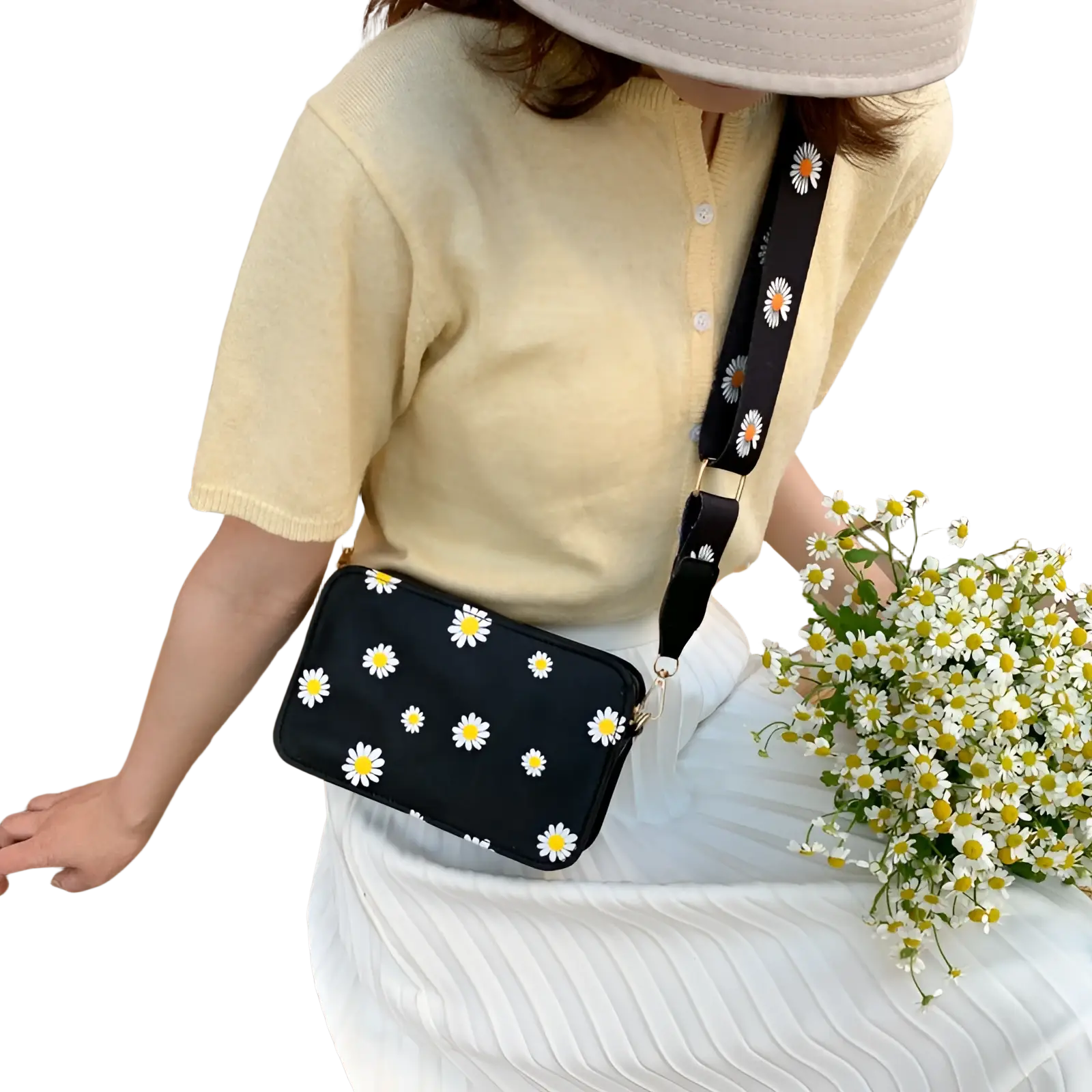 Black pu leather daisy flower crossbody bag with white embroidery and matching chain strap for everyday use