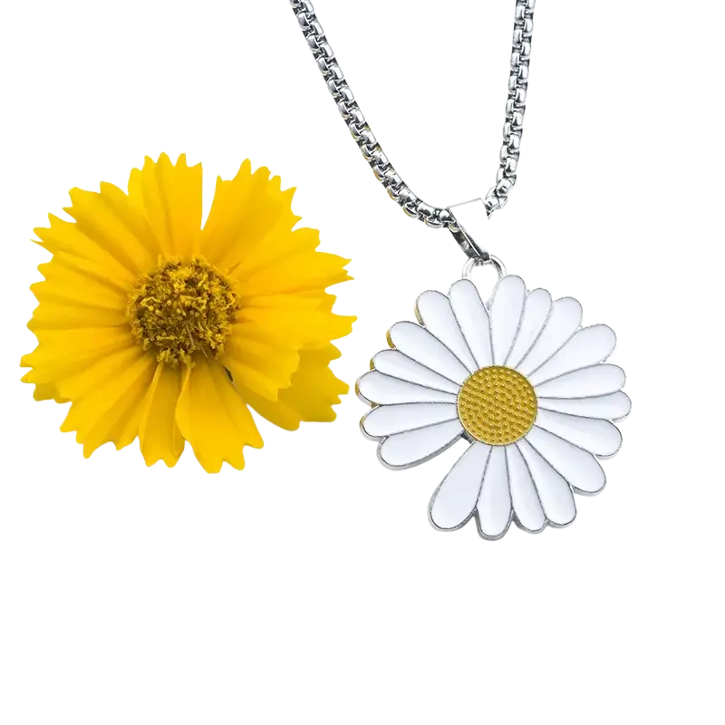 Silver chain necklace with white and yellow enamel daisy pendant showcasing necklace length ready for dhl fedex china post shipping