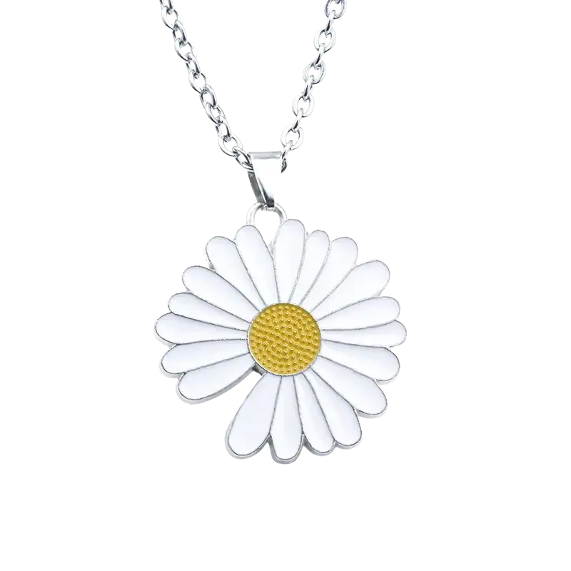 Silver chain necklace with white enamel daisy pendant and textured gold center, ideal for necklace length and china post shipping