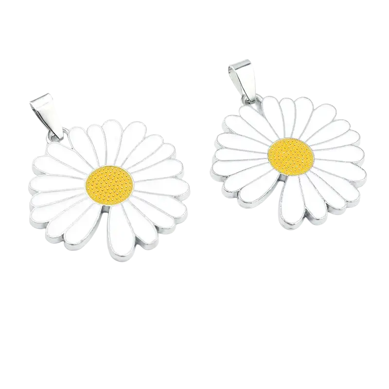 Stainless steel daisy flower pendant necklace with white enamel petals and textured yellow center on silver chain for china post delivery