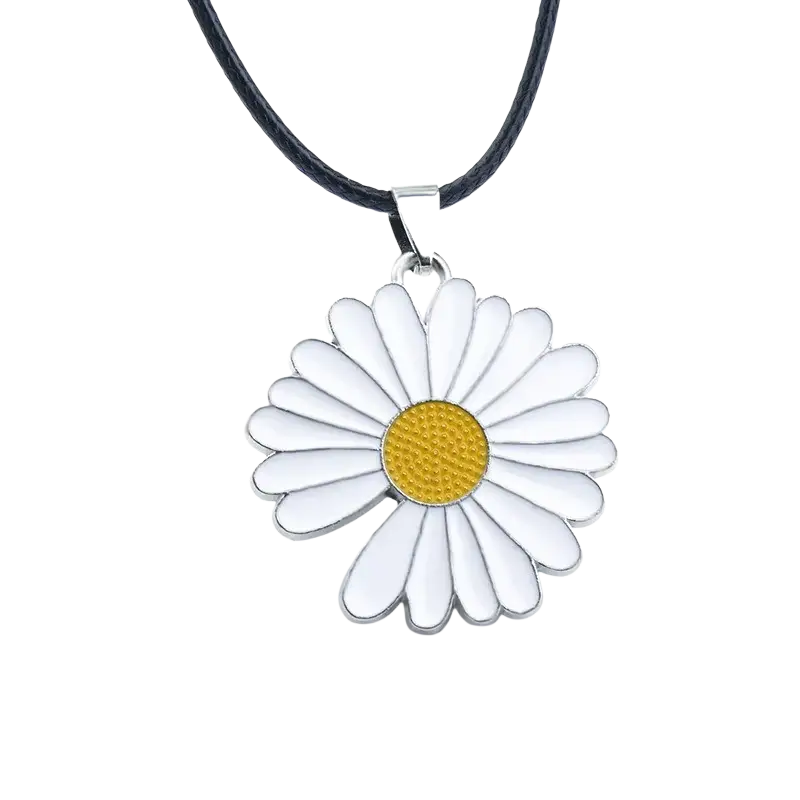 A white and yellow enamel daisy flower pendant necklace with a black cord suitable for dhl fedex and china post shipping