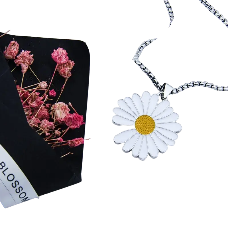 White and yellow enamel daisy pendant necklace on a silver chain with adjustable necklace length suitable for dhl fedex china post