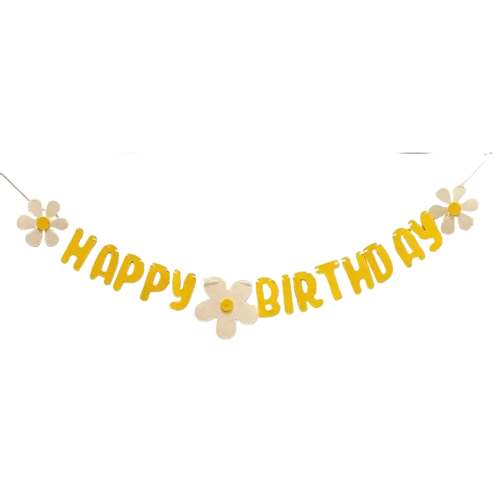 A cheerful yellow felt happy birthday banner with white daisy flowers and playful raised lettering party decoration