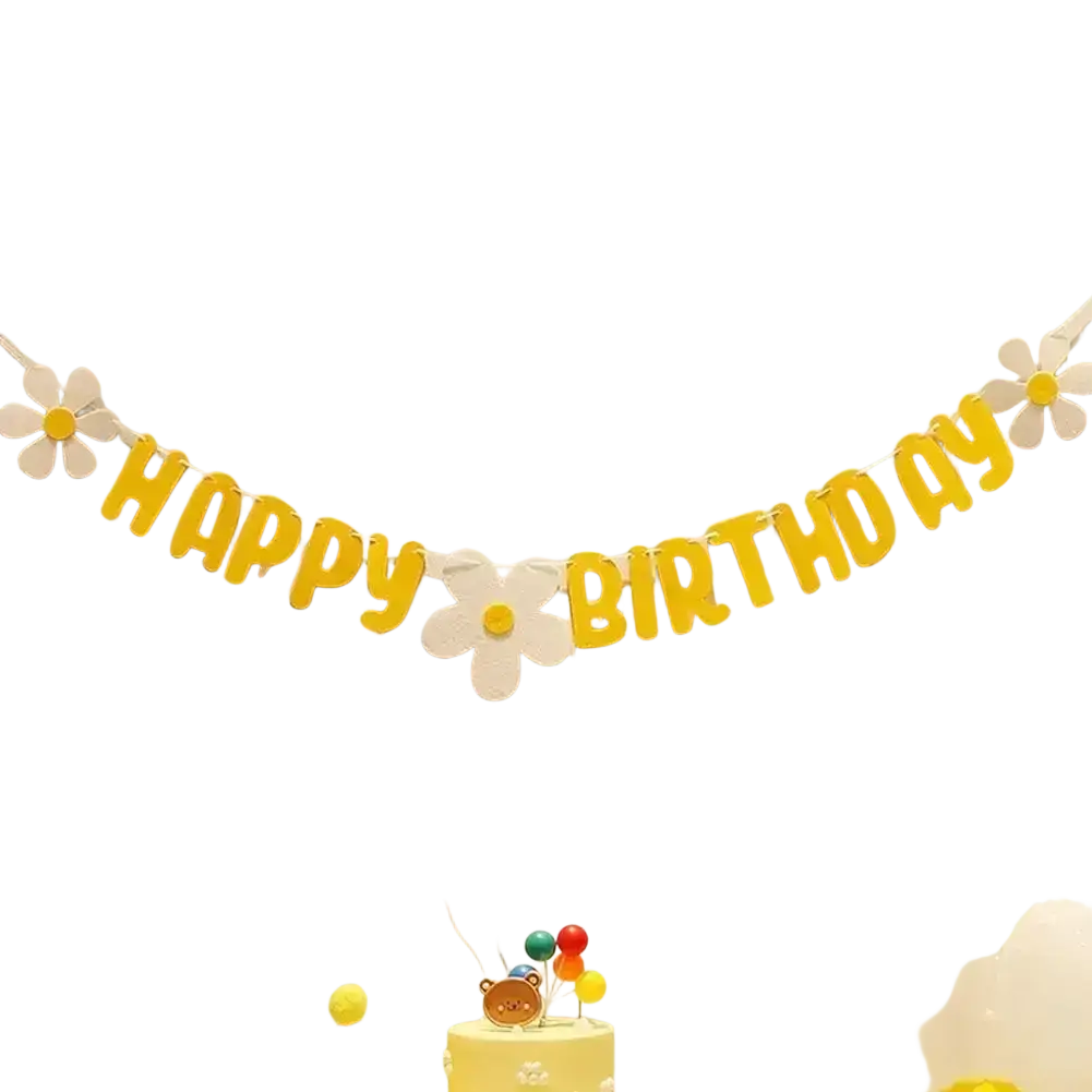Yellow happy birthday felt banner with white daisy decorations for party decoration and celebration use