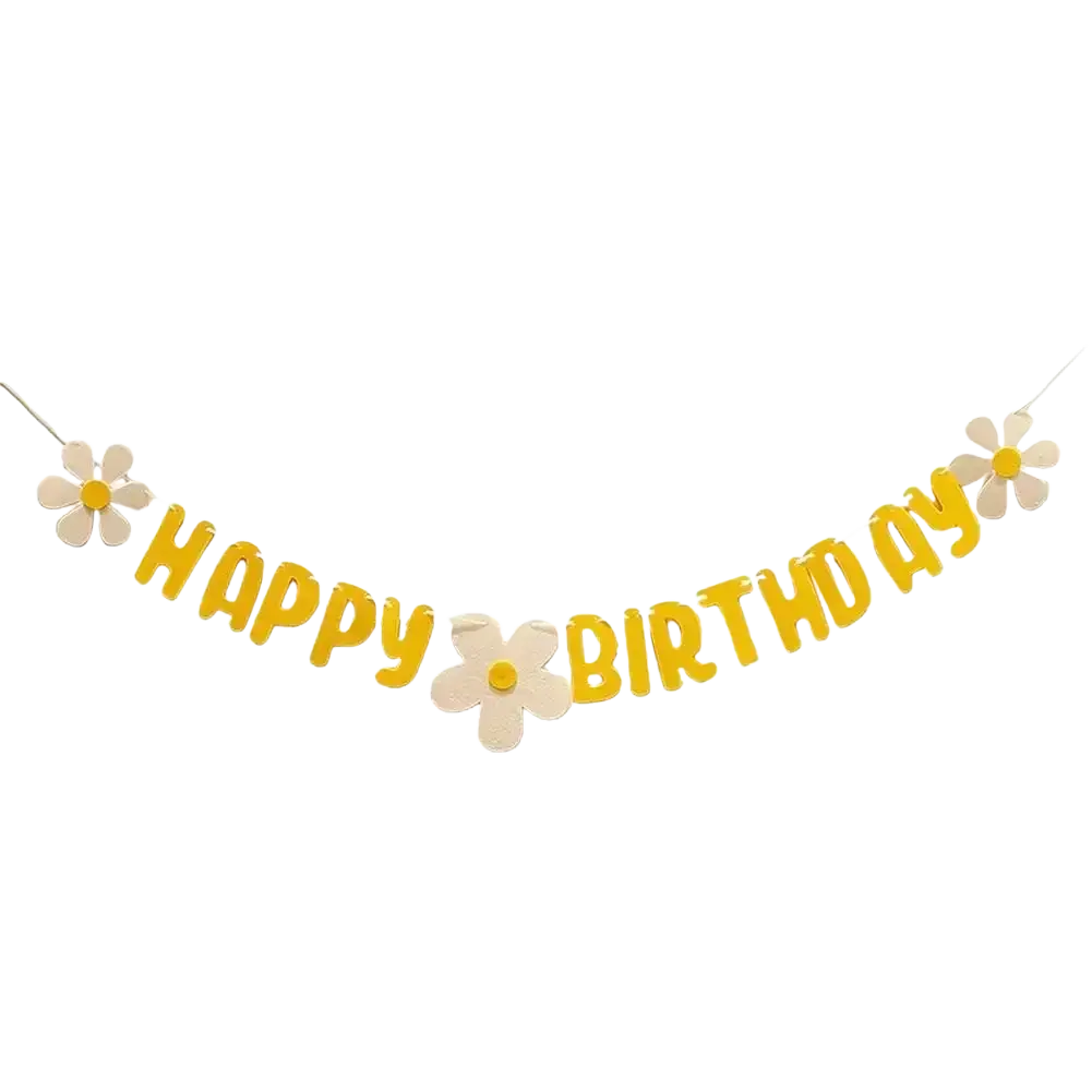 Yellow happy birthday felt banner with white daisy decorations for party celebration decor