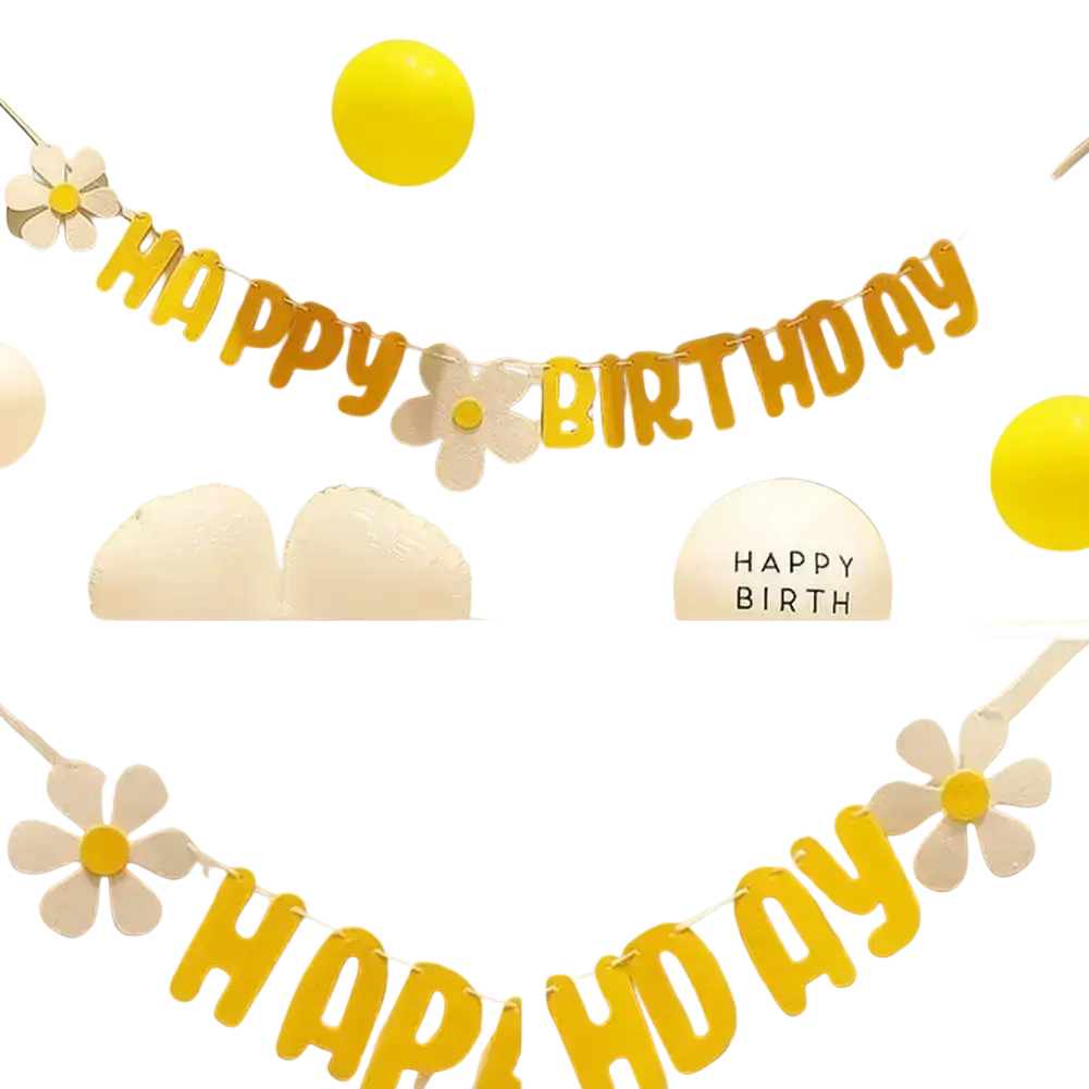 Yellow and cream daisy happy birthday felt banner with cut-out letters and floral party decoration design