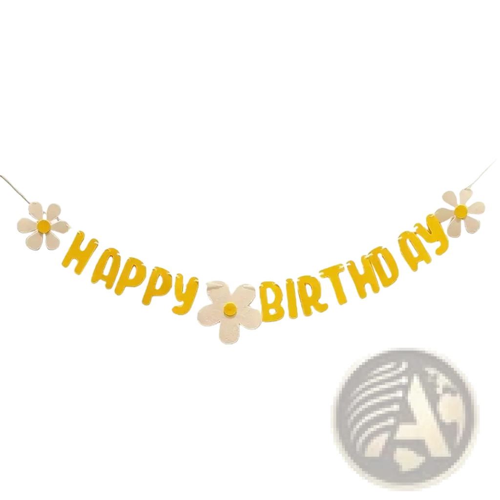Yellow happy birthday felt banner with white daisy decorations for party celebration decor