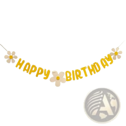 Yellow happy birthday felt banner with white daisy decorations for party celebration decor