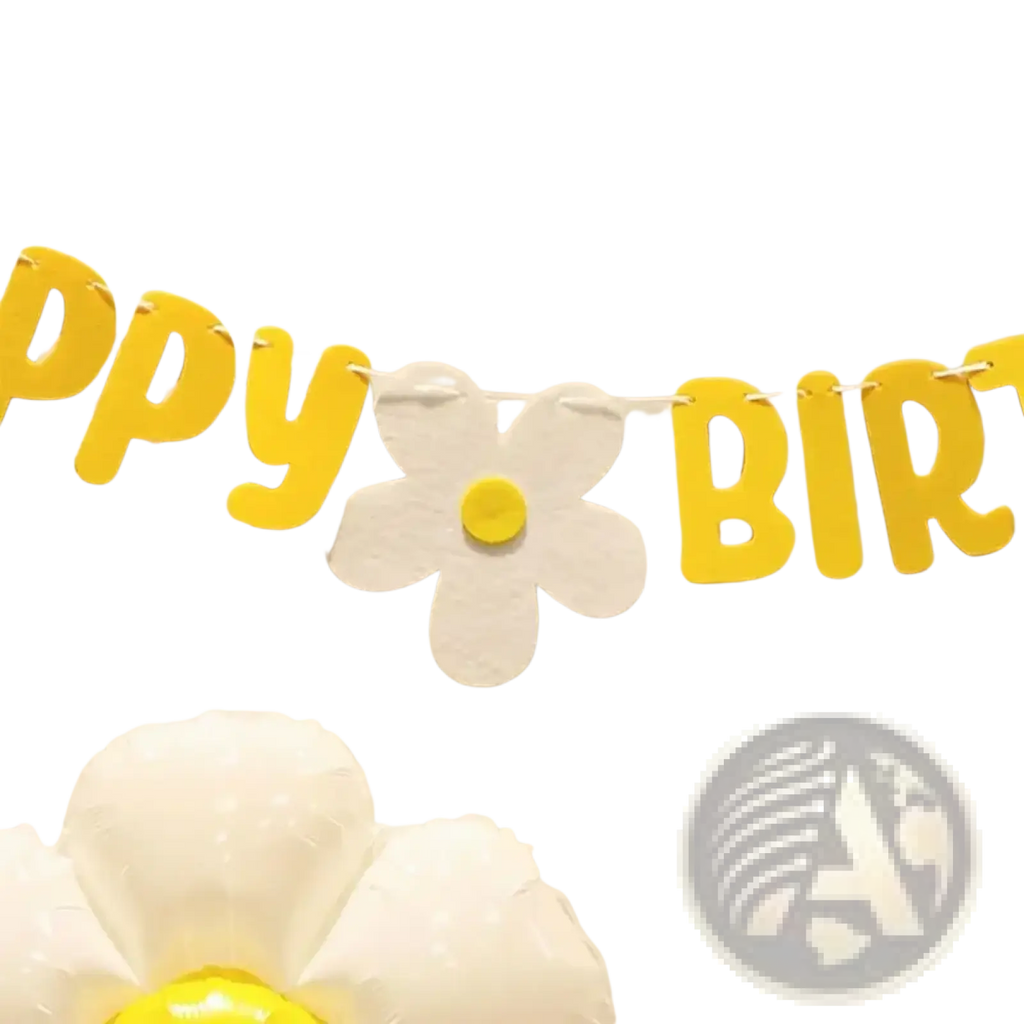 Yellow and white felt happy birthday banner with central daisy design for party decoration