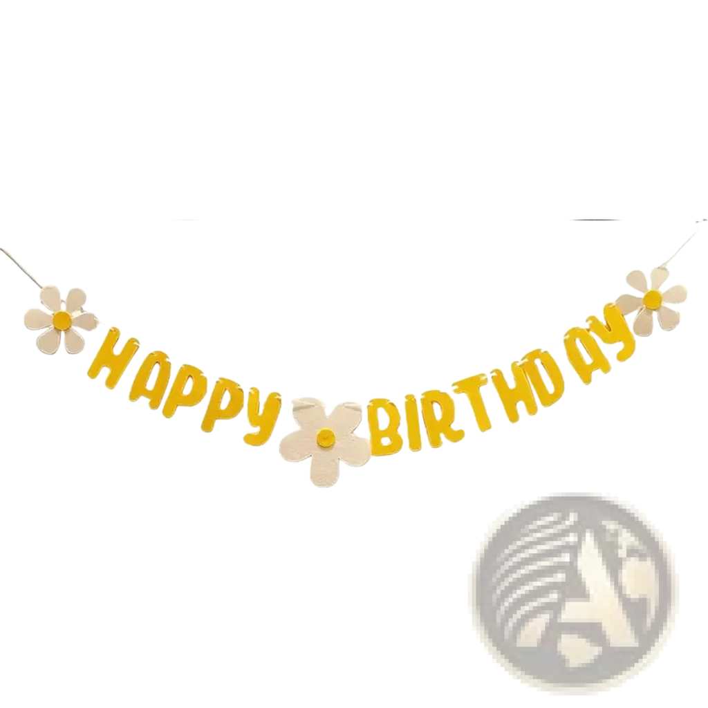 Yellow happy birthday felt banner decorated with white daisies for party decoration