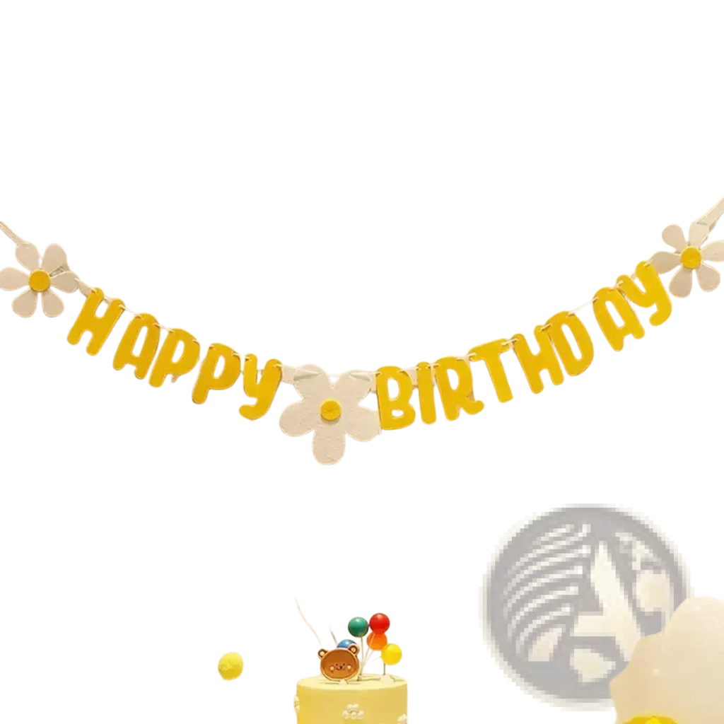 Yellow felt happy birthday banner decorated with white daisies for party decoration and celebration use