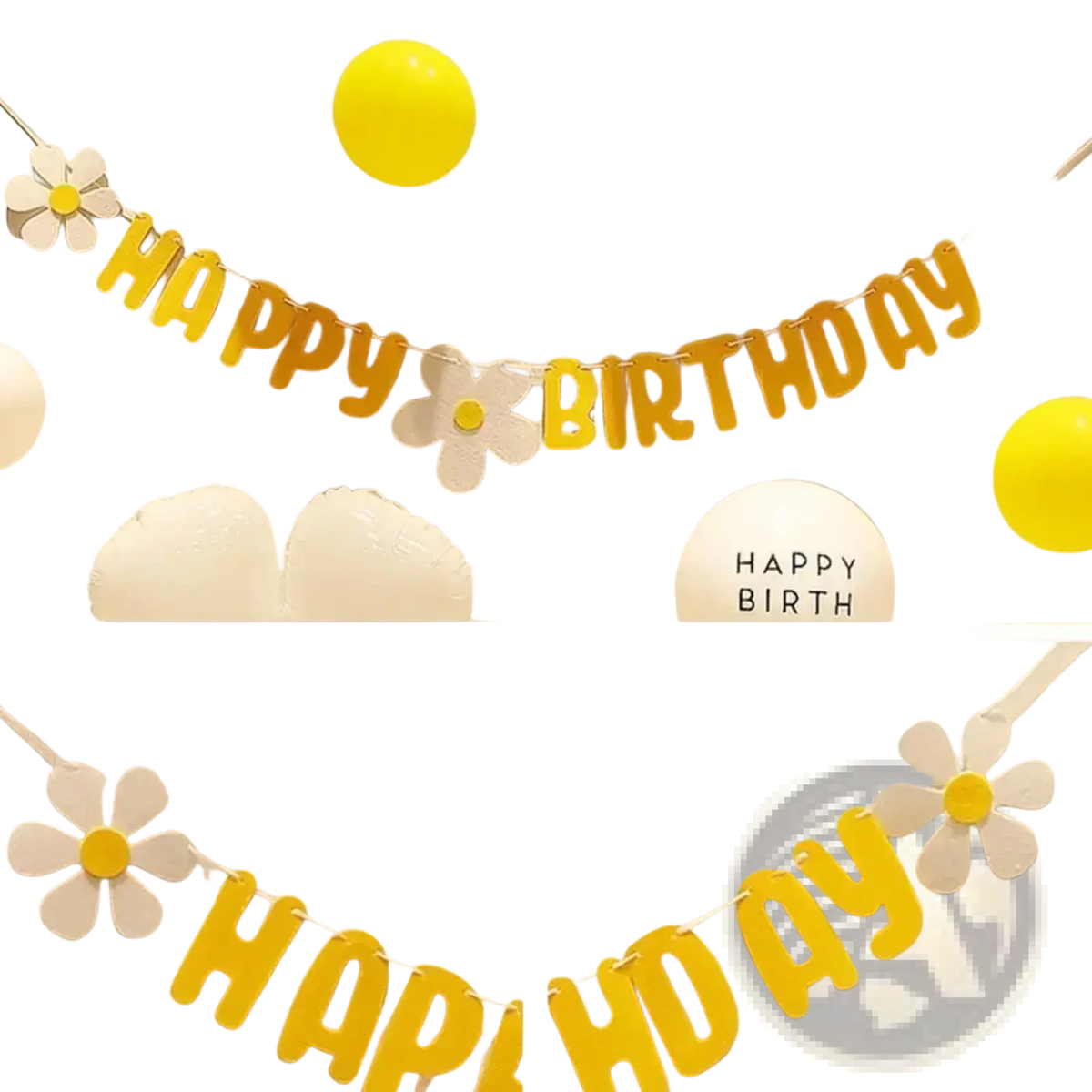 Yellow happy birthday felt banner with white daisy decorations for party celebrations and festive decor