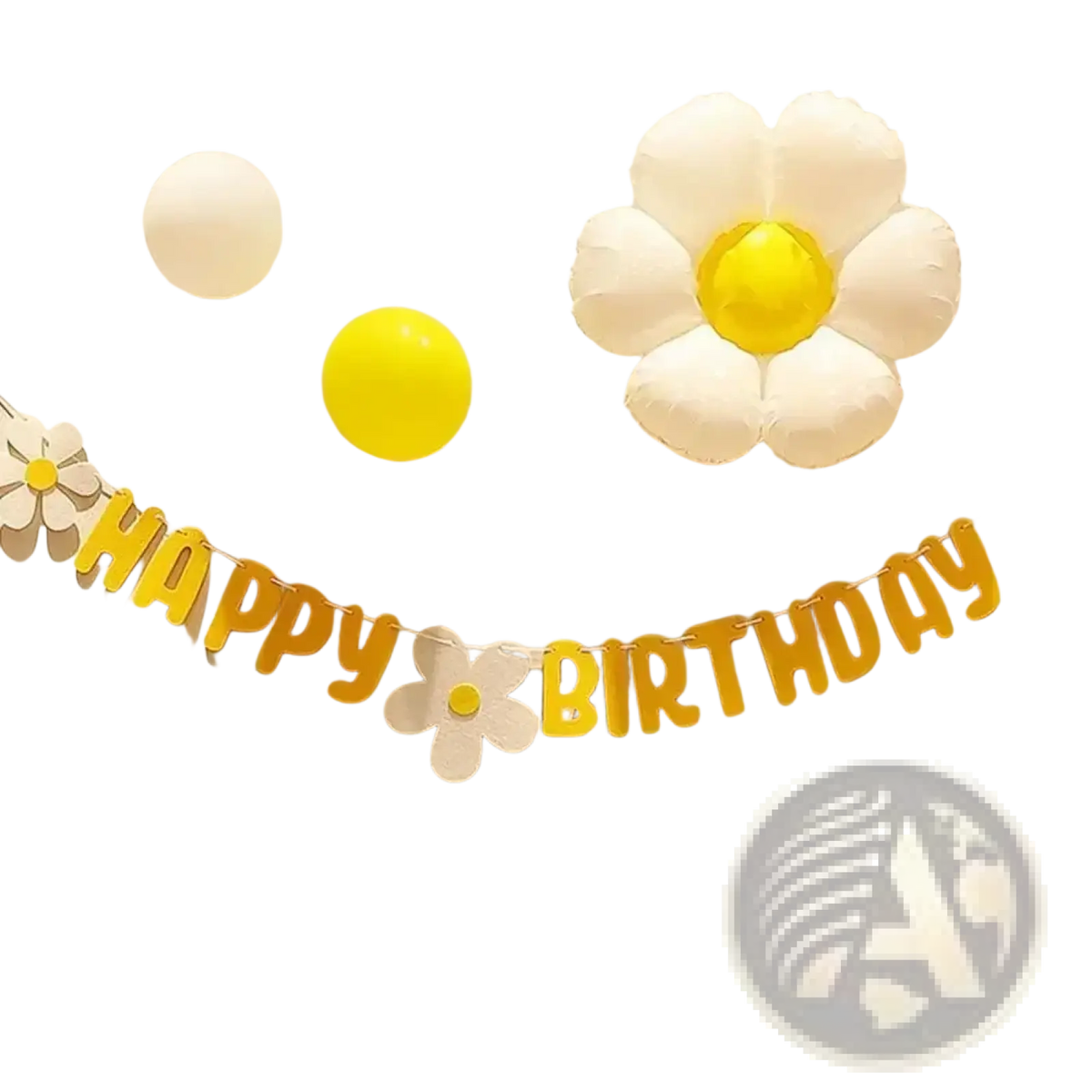Yellow and white daisy-themed happy birthday felt banner featuring cutout letters for party decoration