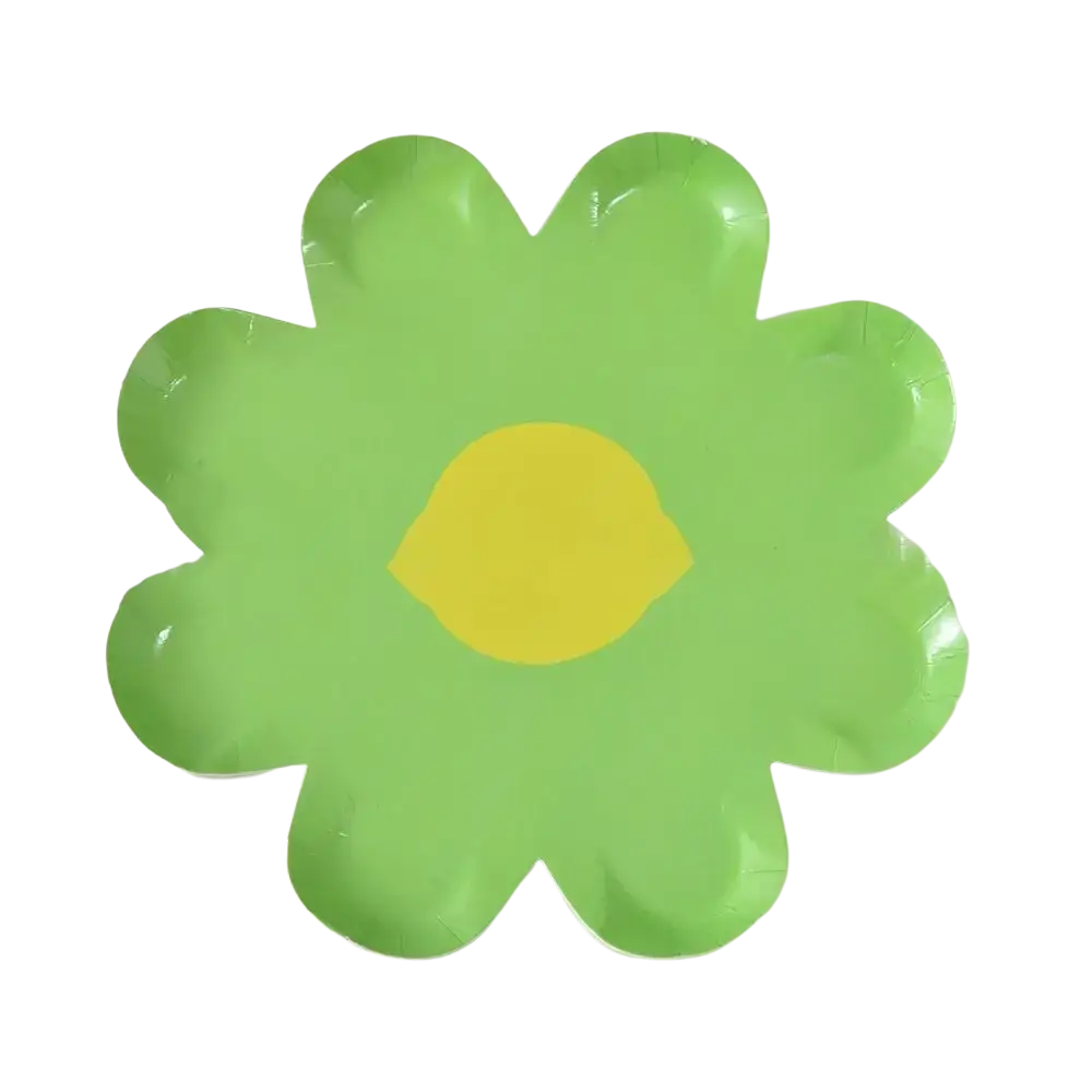 Bright green flower-shaped paper plate with yellow center from Daisy paper plates 10 pack floral party tableware