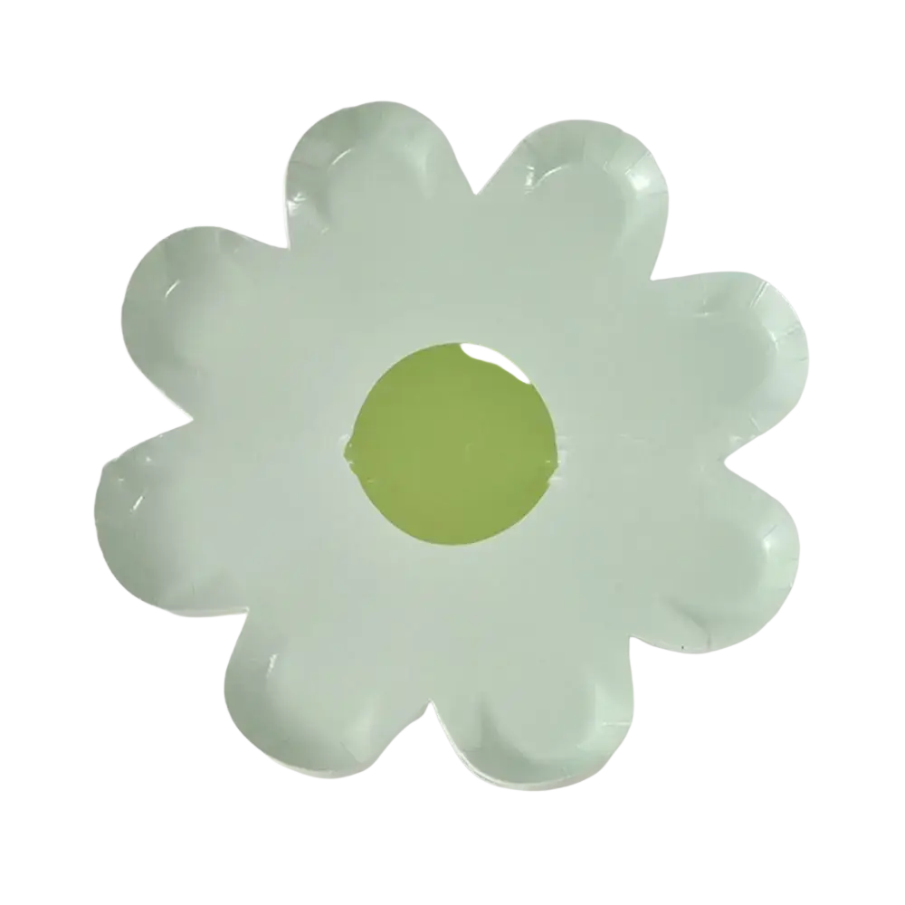 A glossy mint green plastic daisy paper plate with a solid lime green center for floral party tableware