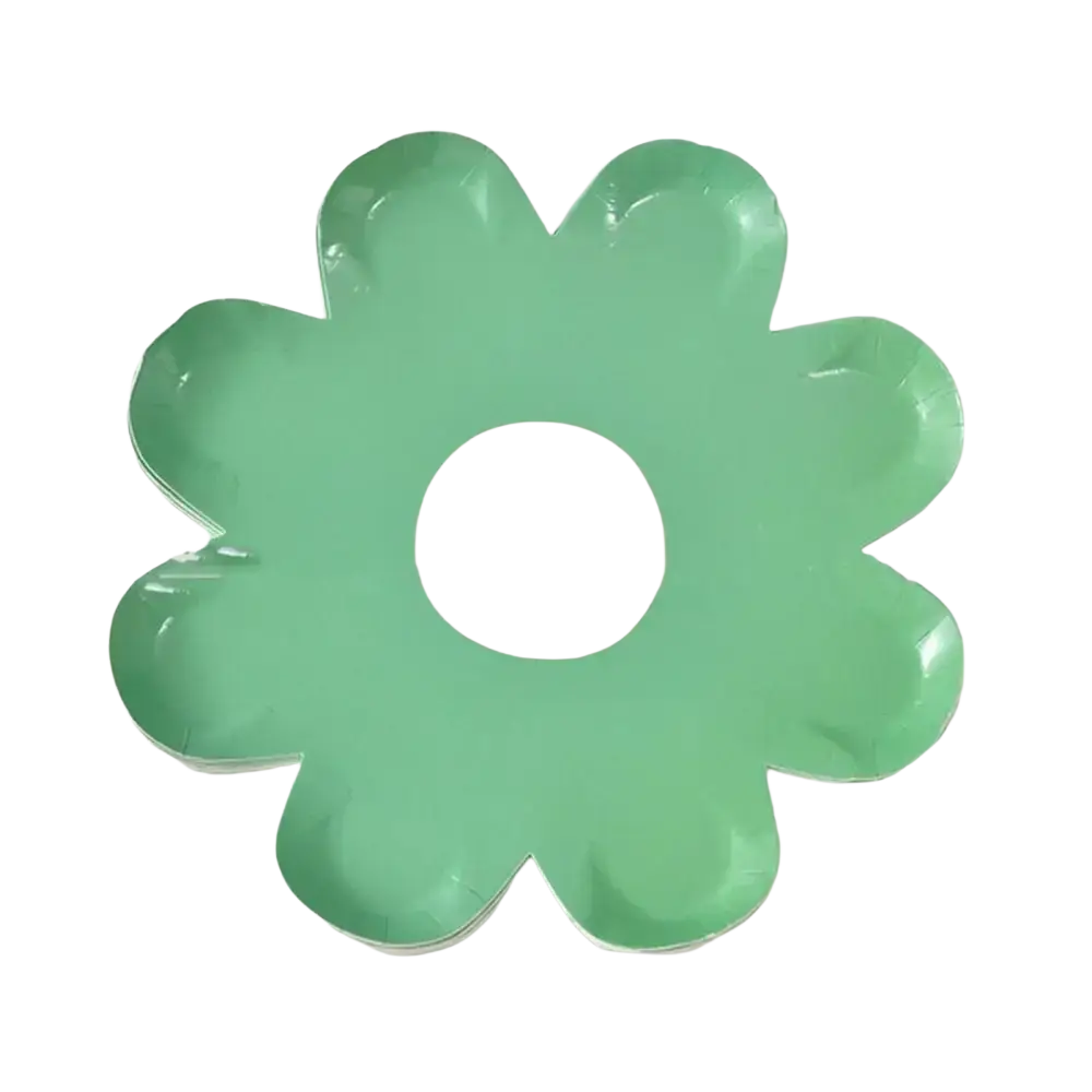 A glossy mint green flower-shaped paper plate with a soft pink center from daisy paper plates 10 pack floral party tableware