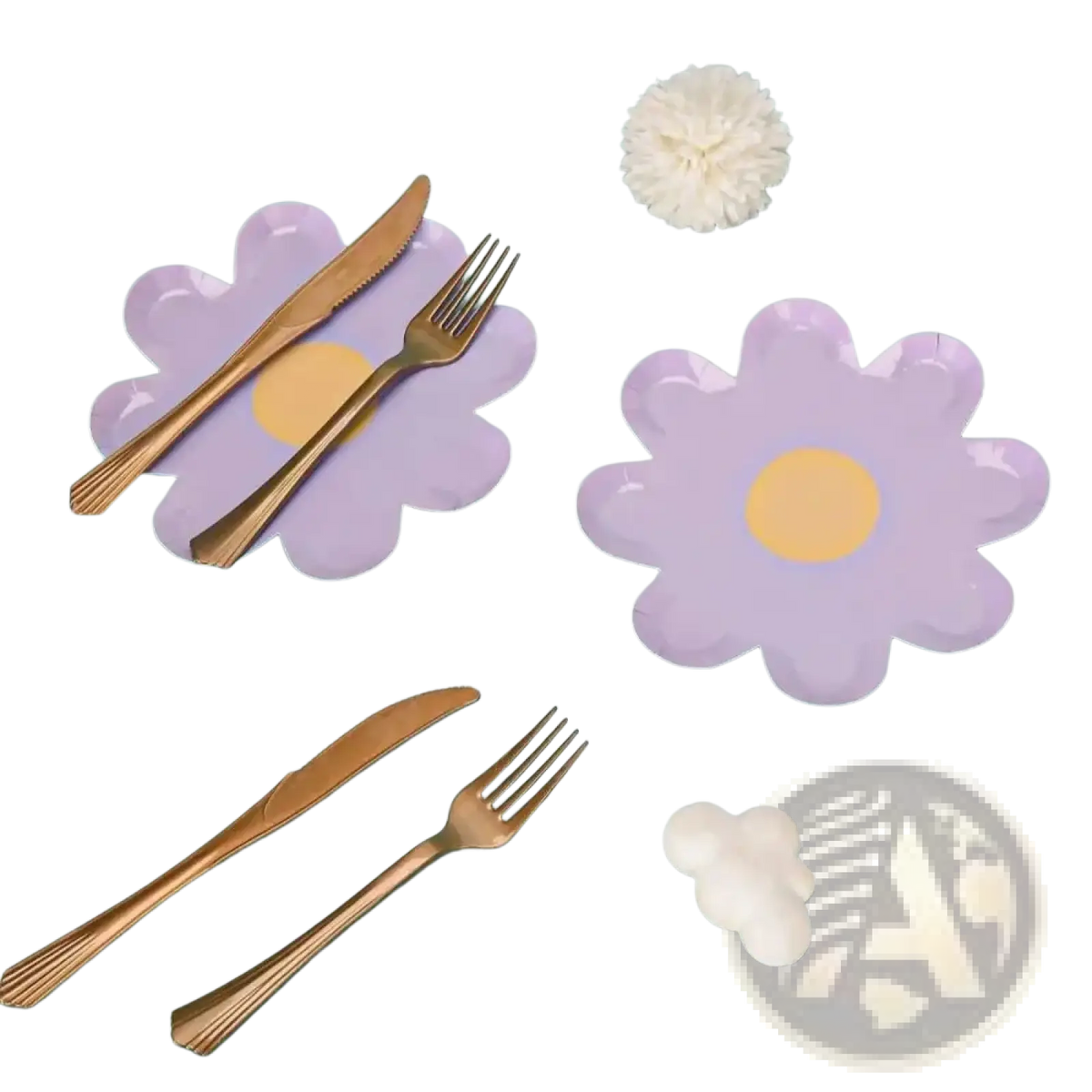 Daisy paper plates 10 pack featuring lavender flower-shaped design with yellow centers for floral party tableware