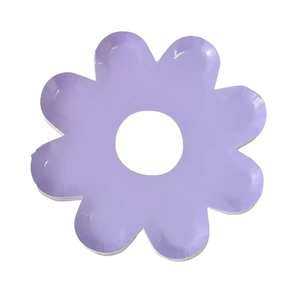 Lavender floral paper plate shaped like a daisy with a yellow center for party tableware 10 pack